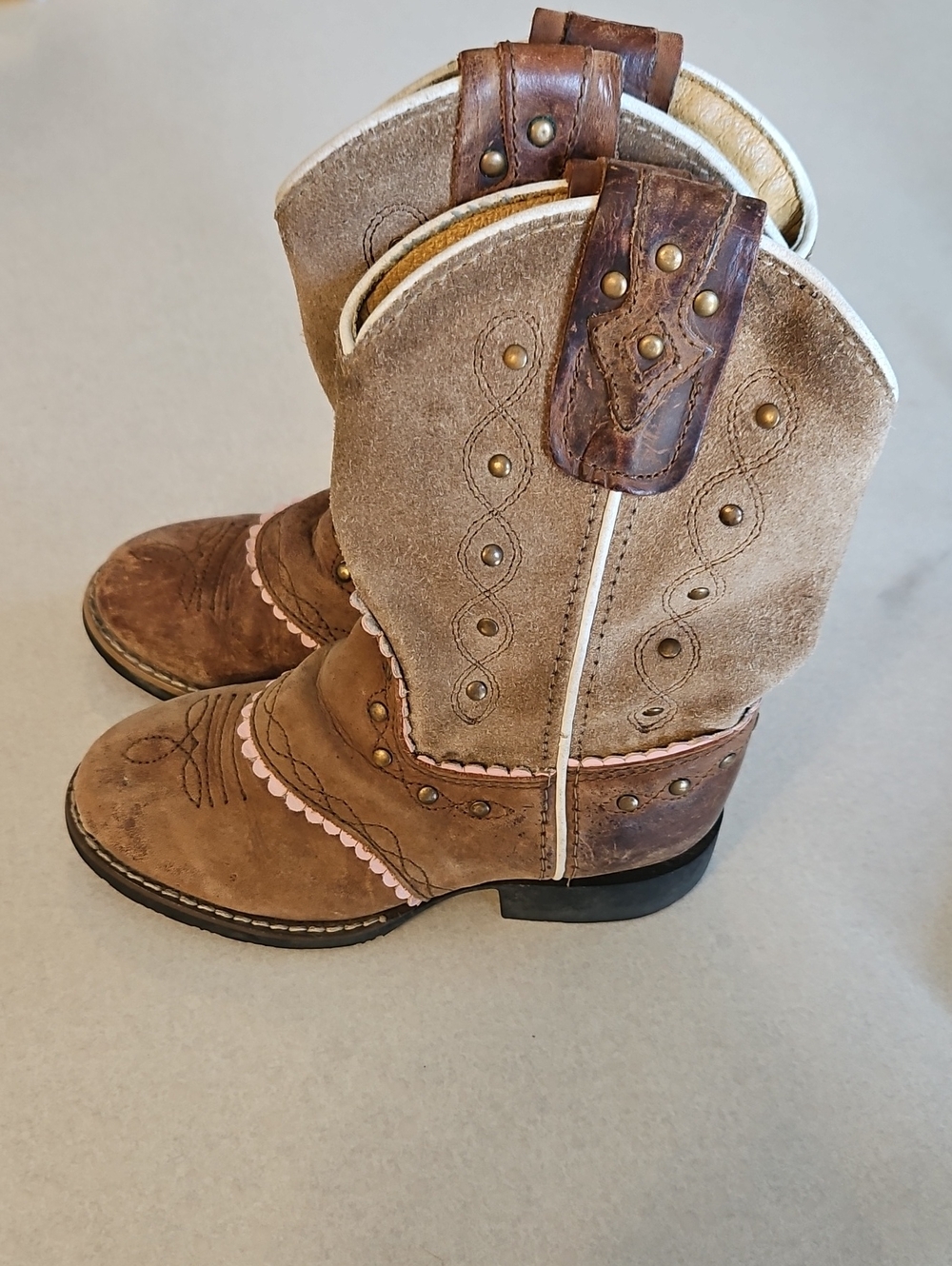 Brown Suede Western Kids' Cowboy Boots with Pink Trim